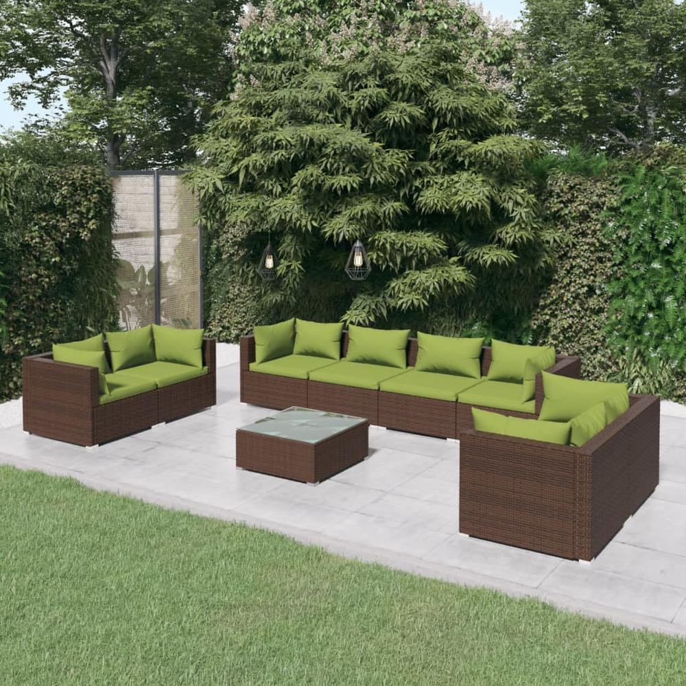vidaXL 9 Piece Patio Lounge Set with Cushions Poly Rattan Brown, 3102292. Picture 1