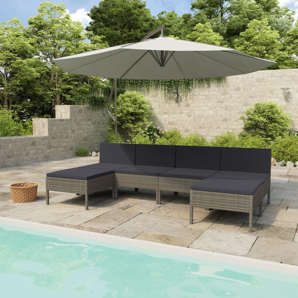 vidaXL 6 Piece Patio Lounge Set with Cushions Poly Rattan Gray, 3056988. Picture 1