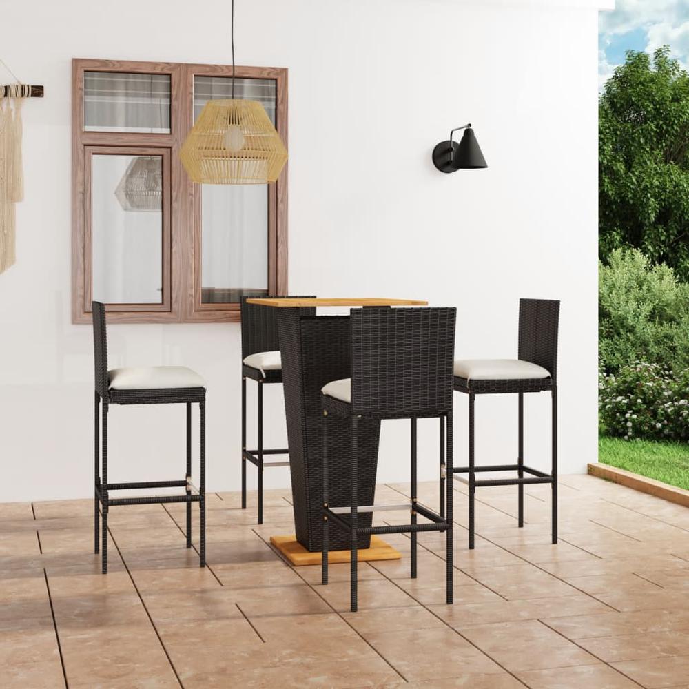 vidaXL 5 Piece Patio Bar Set with Cushions Poly Rattan Black, 3064858. The main picture.