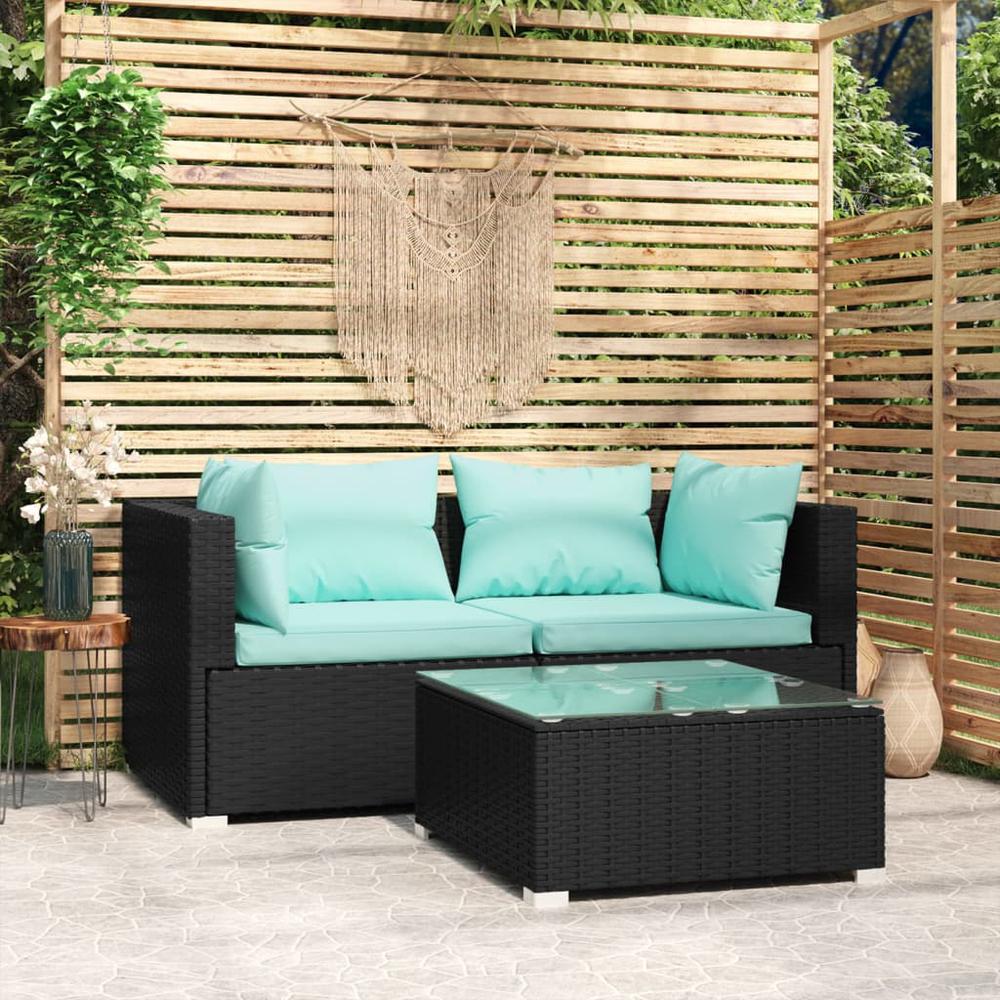 vidaXL 3 Piece Patio Lounge Set with Cushions Black Poly Rattan, 317532. Picture 1