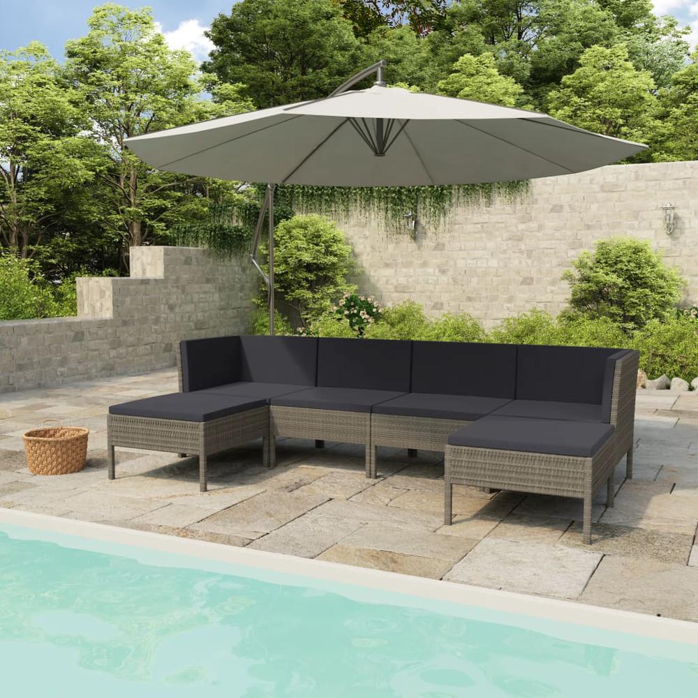 vidaXL 6 Piece Patio Lounge Set with Cushions Poly Rattan Gray, 3056964. Picture 1