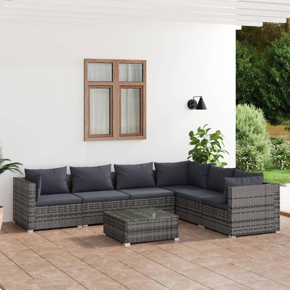 vidaXL 7 Piece Patio Lounge Set with Cushions Poly Rattan Gray, 3101733. Picture 1