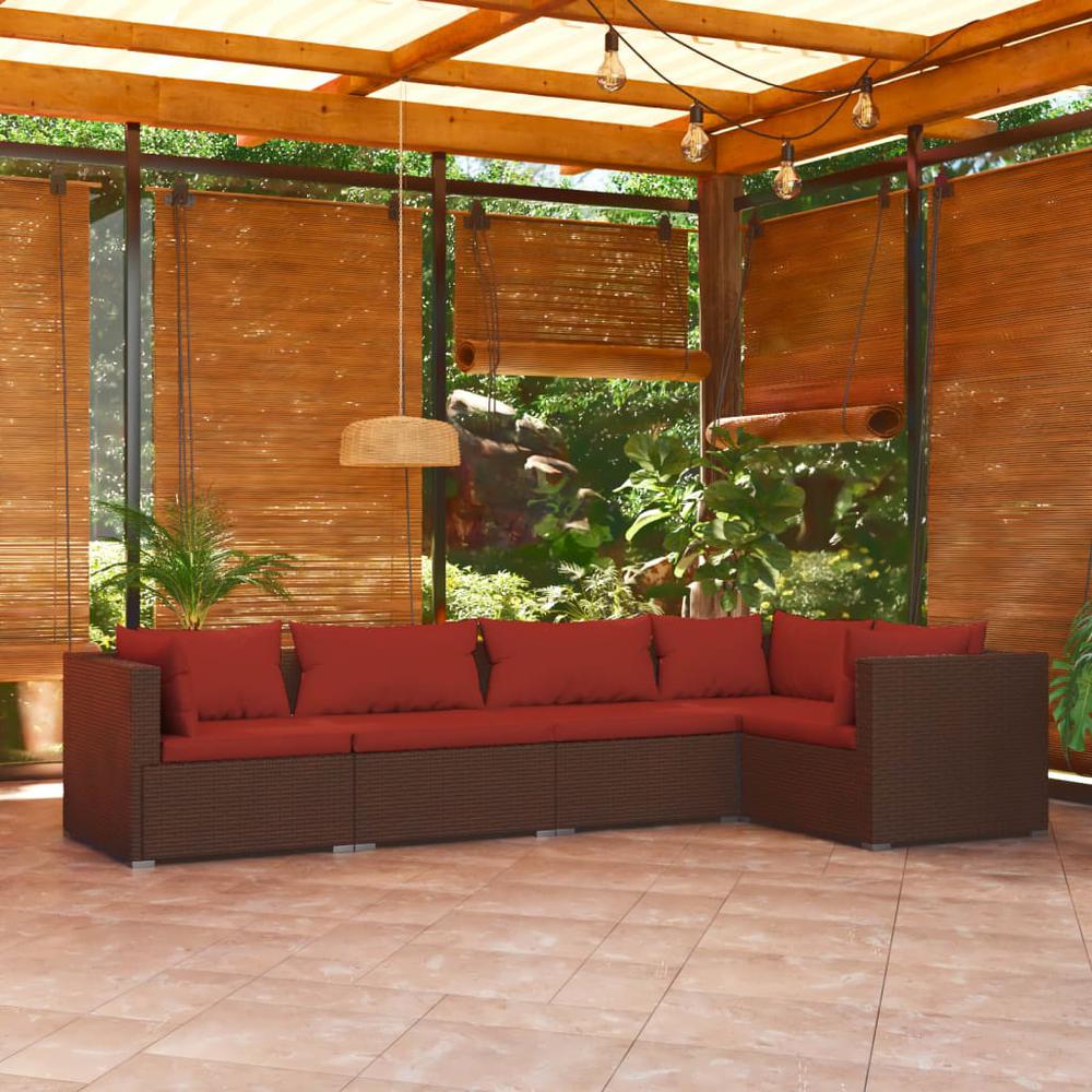 vidaXL 5 Piece Patio Lounge Set with Cushions Poly Rattan Brown, 3101691. Picture 1