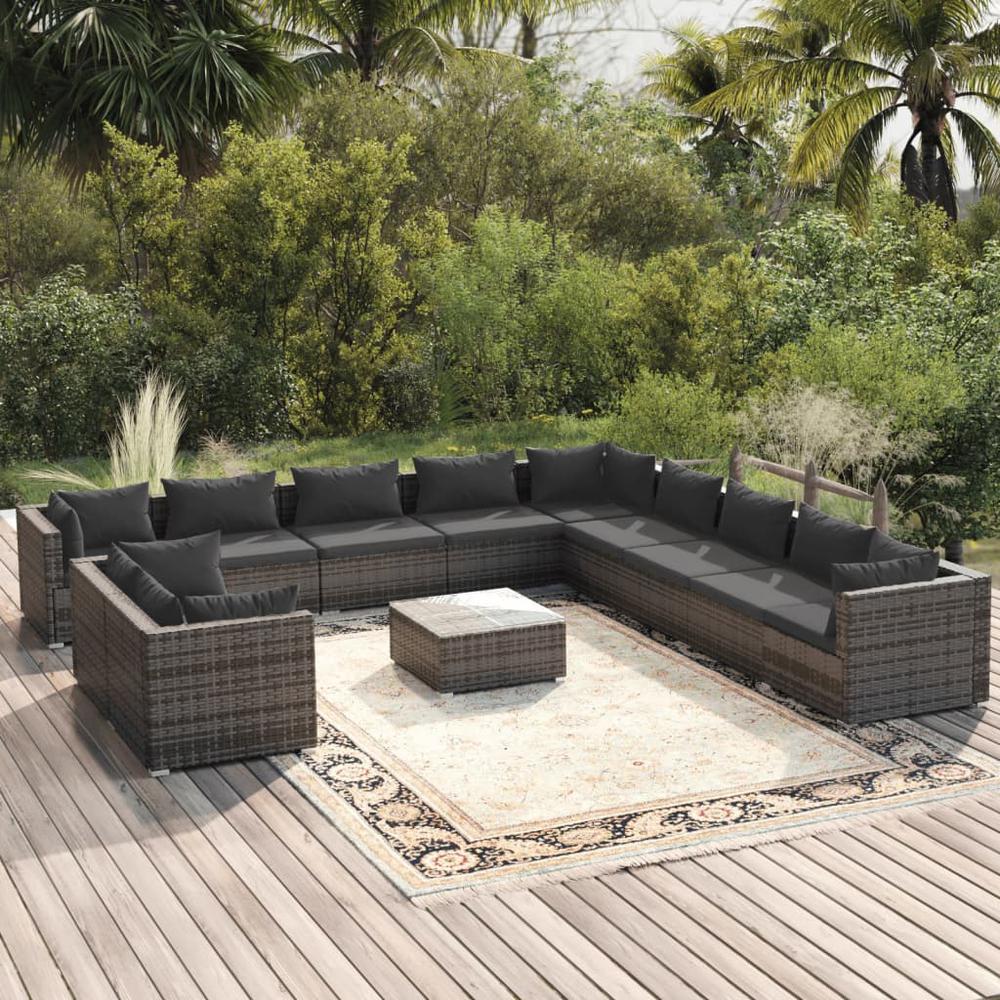 vidaXL 12 Piece Patio Lounge Set with Cushions Gray Poly Rattan. Picture 1