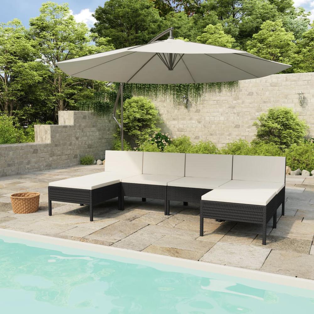 vidaXL 6 Piece Patio Lounge Set with Cushions Poly Rattan Black, 3056986. Picture 1