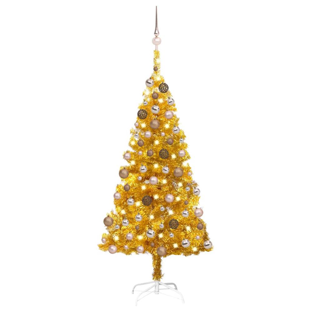 vidaXL Artificial Christmas Tree with LEDs&Ball Set Gold 59.1" PET, 3077604. Picture 1