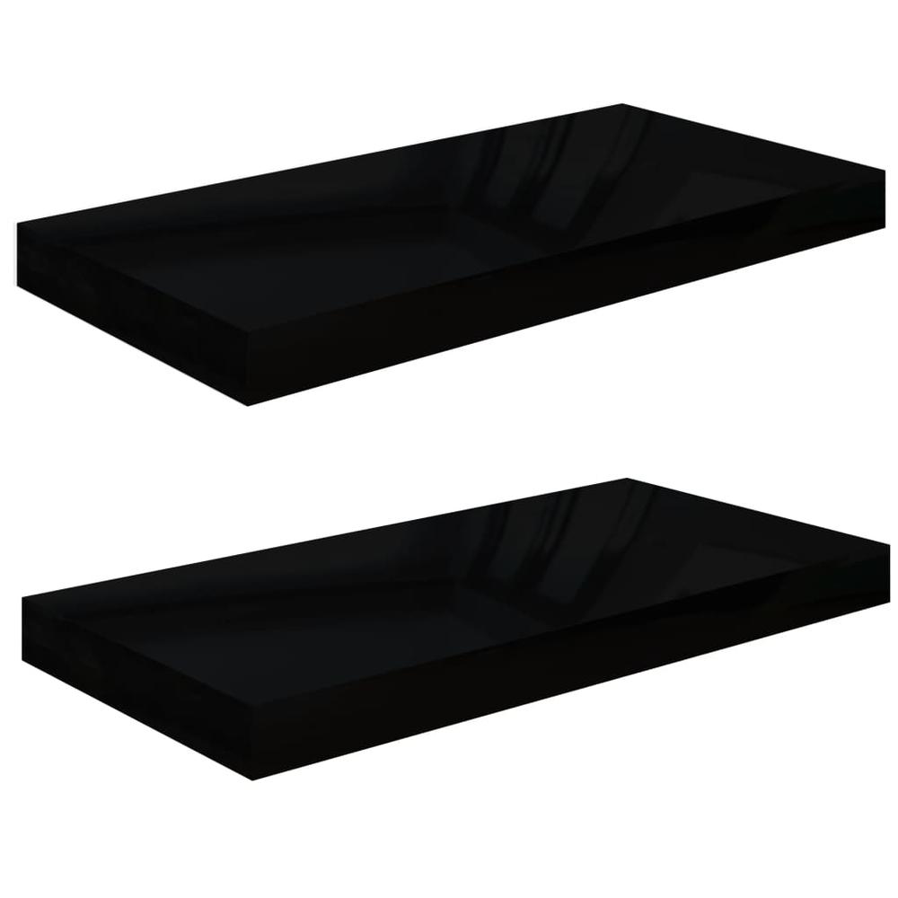 vidaXL Floating Wall Shelves 2 pcs High Gloss Black 19.7"x9.1"x1.5" MDF. Picture 2