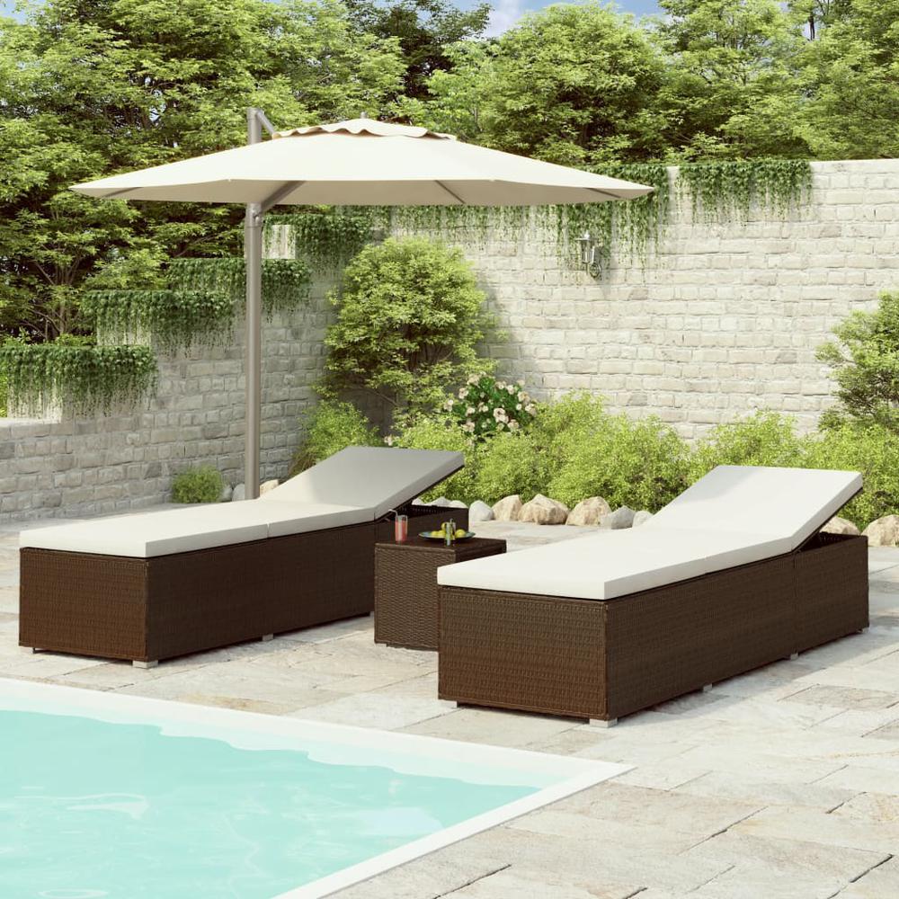 vidaXL 3 Piece Patio Sun Loungers with Tea Table Poly Rattan Brown. Picture 1