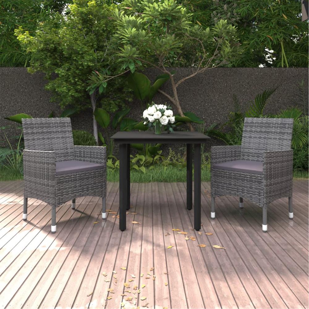 vidaXL 3 Piece Patio Dining Set with Cushions Poly Rattan and Glass, 3099691. Picture 1