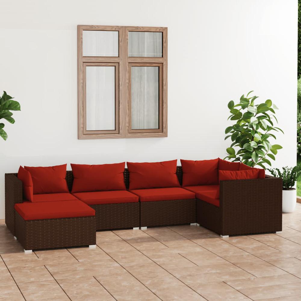 vidaXL 6 Piece Patio Lounge Set with Cushions Poly Rattan Brown, 3101811. Picture 1