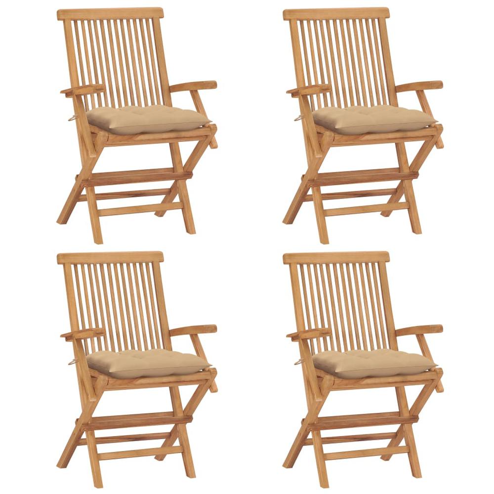 vidaXL Patio Chairs with Beige Cushions 4 pcs Solid Teak Wood, 3065635. Picture 1