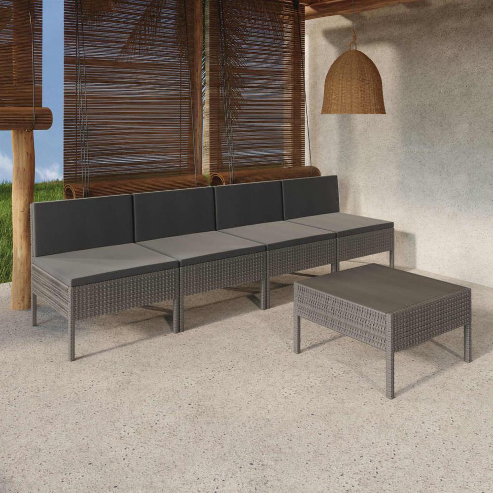 vidaXL 5 Piece Patio Lounge Set with Cushions Poly Rattan Gray, 3094326. Picture 1