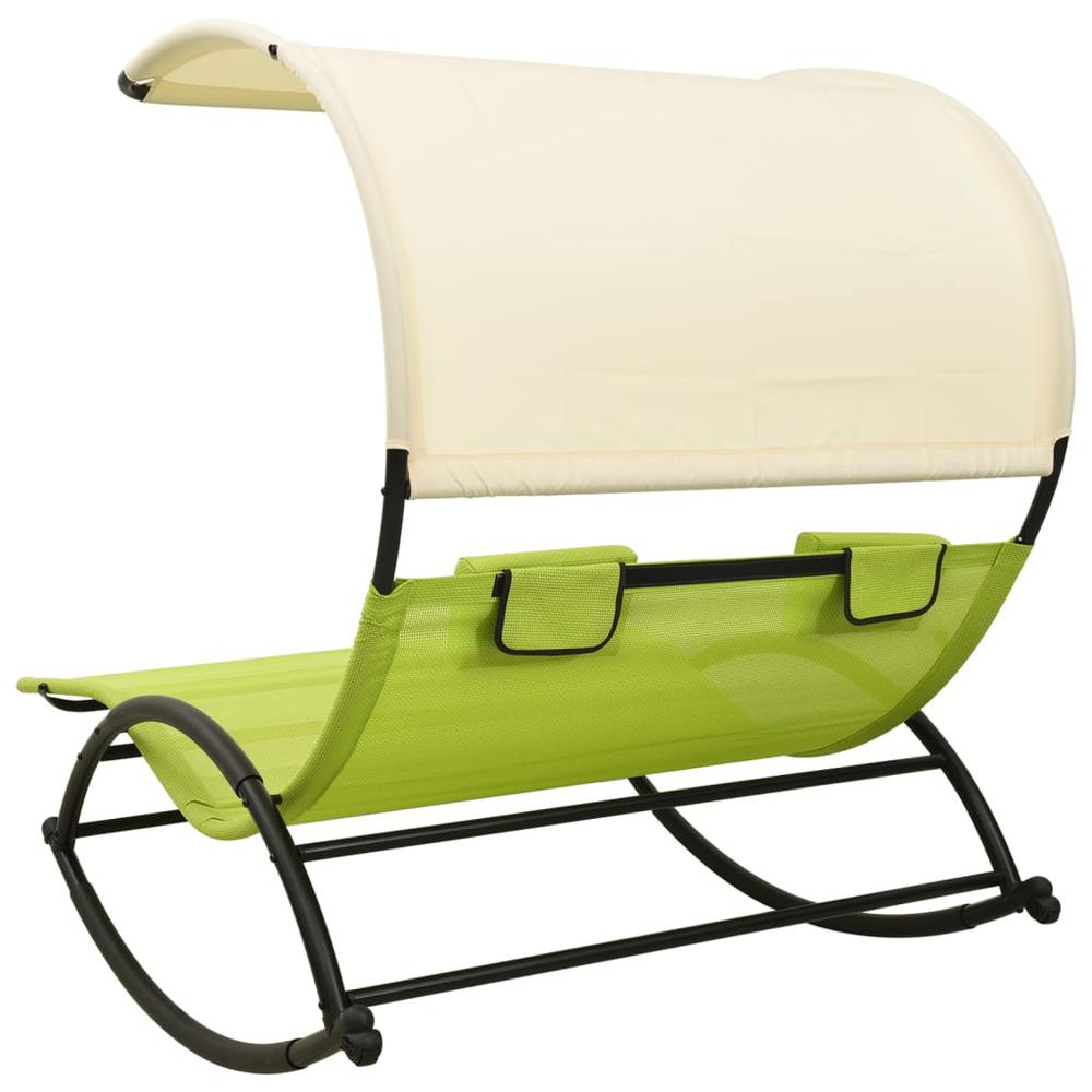 vidaXL Double Sun Lounger with Canopy Textilene Green and Cream. Picture 4