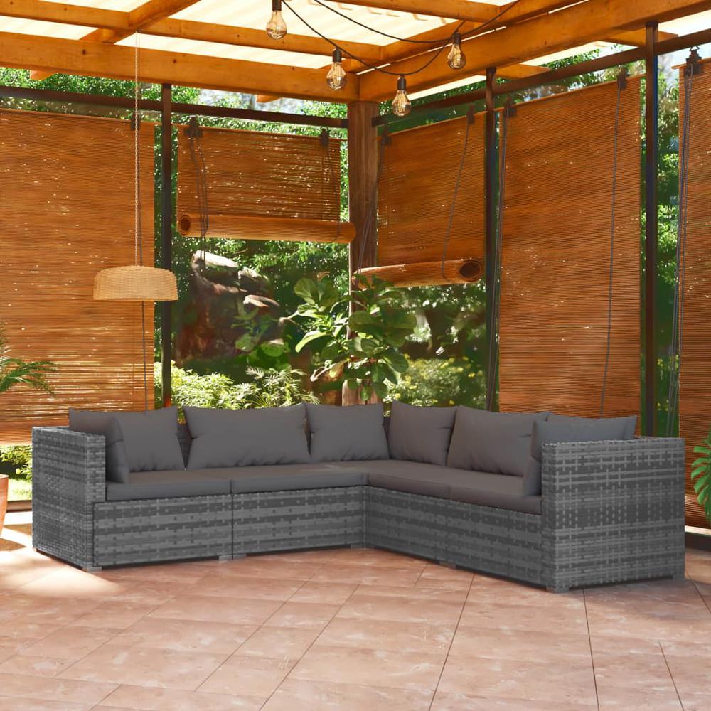 vidaXL 5 Piece Patio Lounge Set with Cushions Poly Rattan Gray, 3101701. Picture 1