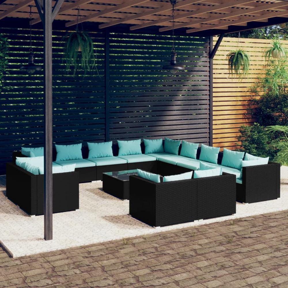vidaXL 14 Piece Patio Lounge Set with Cushions Black Poly Rattan, 3102913. Picture 1