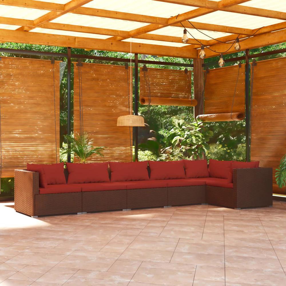 vidaXL 6 Piece Patio Lounge Set with Cushions Poly Rattan Brown, 3101707. Picture 1