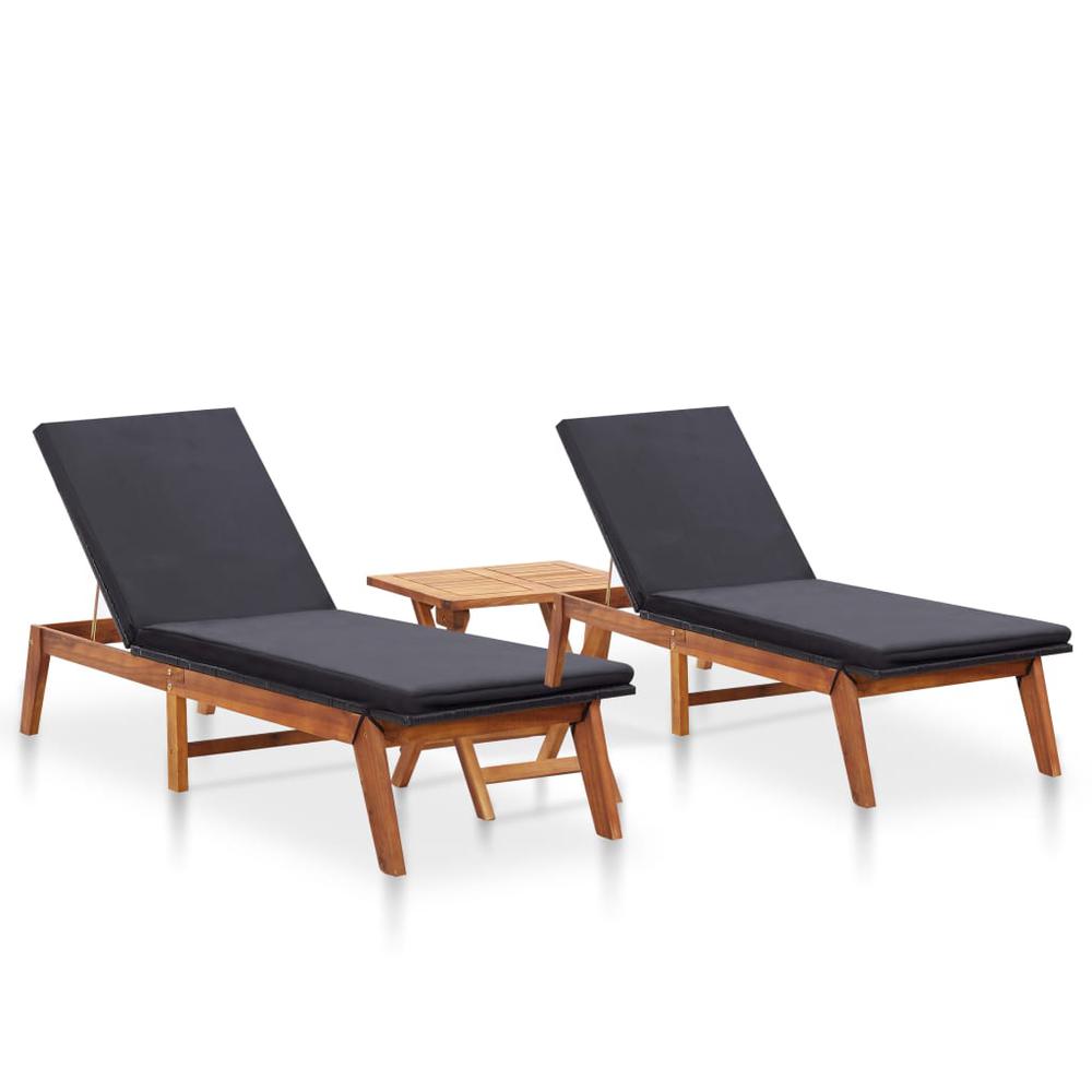 vidaXL Sun Loungers 2 pcs with Table Poly Rattan and Solid Acacia Wood. Picture 1