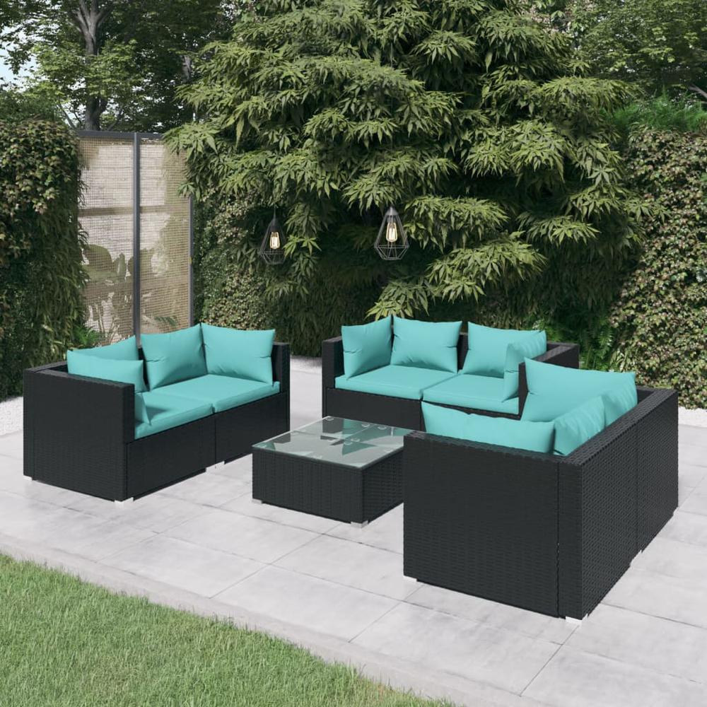 vidaXL 7 Piece Patio Lounge Set with Cushions Poly Rattan Black, 3102305. Picture 1