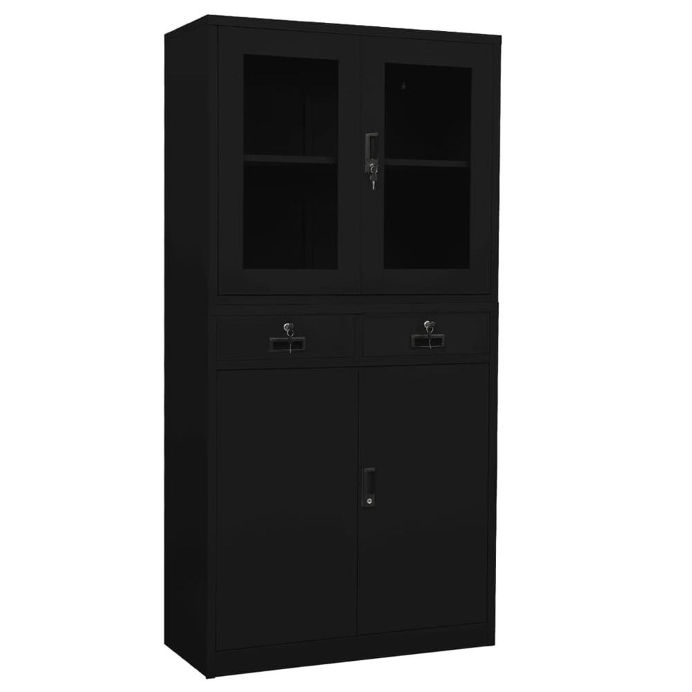 vidaXL Office Cabinet Black 35.4"x15.7"x70.9" Steel and Tempered Glass, 336423. Picture 1