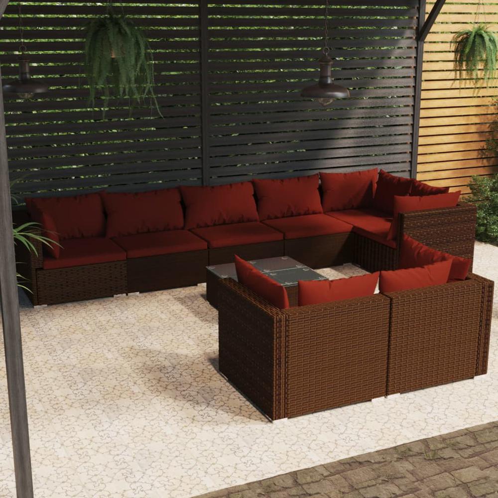 vidaXL 9 Piece Patio Lounge Set with Cushions Brown Poly Rattan, 3102491. Picture 1