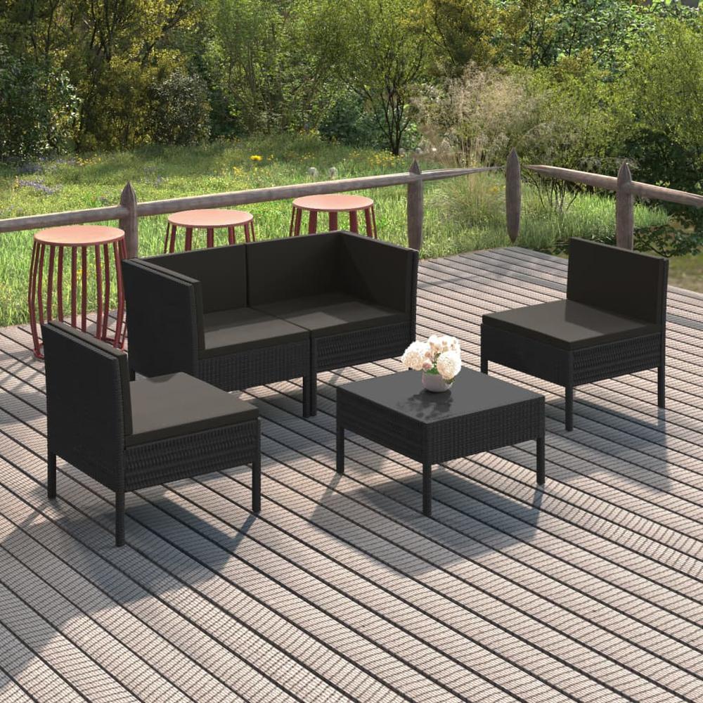 vidaXL 5 Piece Patio Lounge Set with Cushions Poly Rattan Black, 3094341. Picture 1