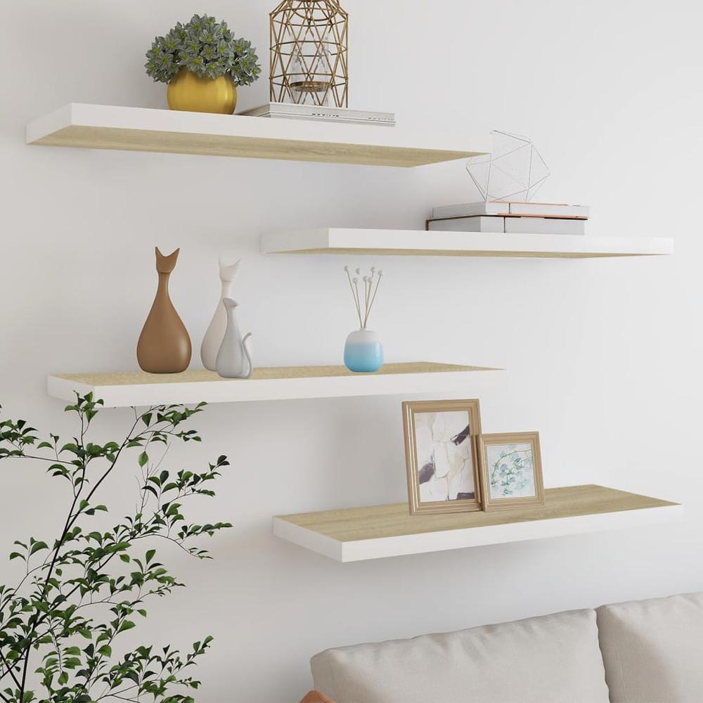 vidaXL Floating Wall Shelves 4 pcs Oak and White 31.5"x9.3"x1.5" MDF. Picture 1