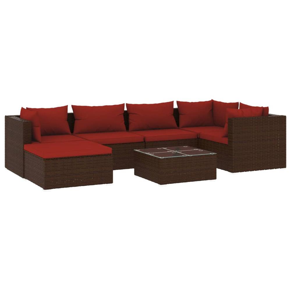 vidaXL 7 Piece Patio Lounge Set with Cushions Poly Rattan Brown, 3101819. Picture 2