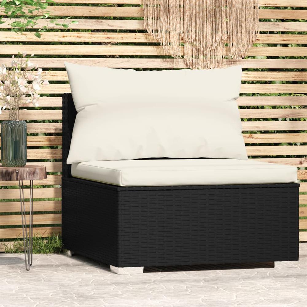 vidaXL Patio Middle Sofa with Cushions Black Poly Rattan, 317493. Picture 1