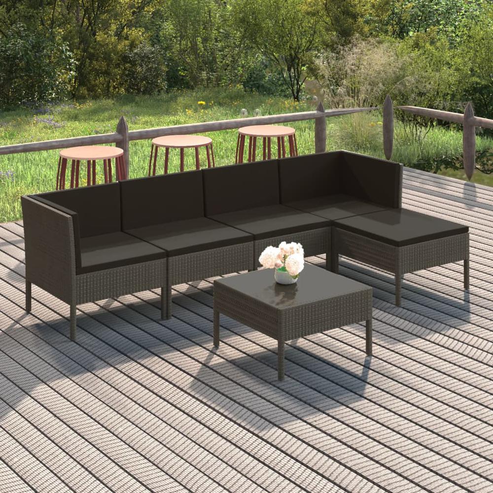 vidaXL 6 Piece Patio Lounge Set with Cushions Poly Rattan Gray, 3094386. Picture 10