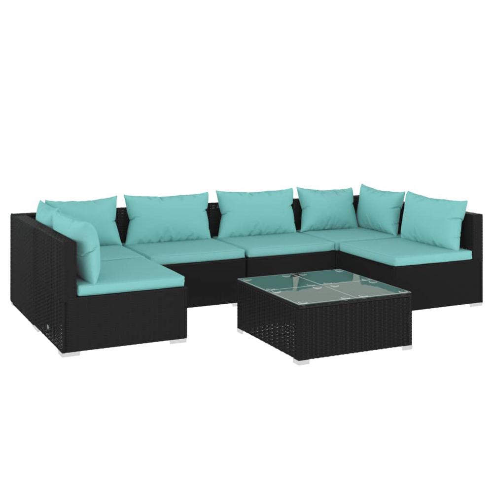 vidaXL 7 Piece Patio Lounge Set with Cushions Poly Rattan Black, 3101881. Picture 2