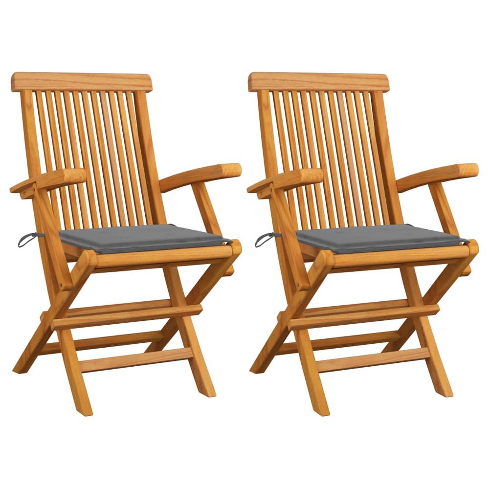 vidaXL Patio Chairs with Gray Cushions 2 pcs Solid Teak Wood. Picture 1