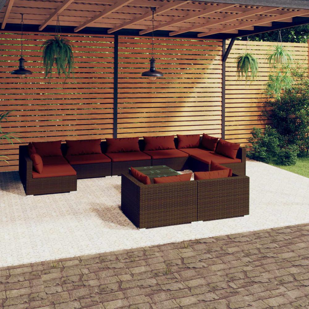 vidaXL 10 Piece Patio Lounge Set with Cushions Brown Poly Rattan, 3102067. Picture 1