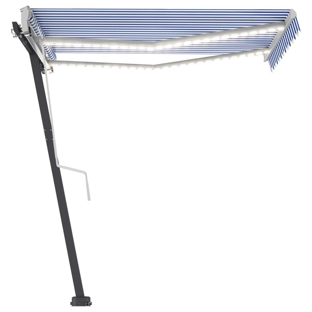 vidaXL Manual Retractable Awning with LED 118.1"x98.4" Blue and White. Picture 3