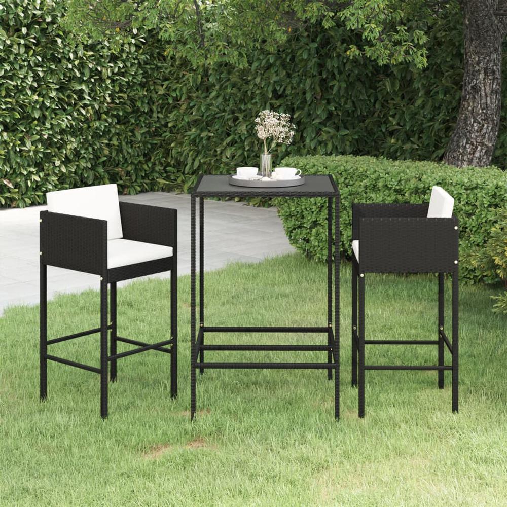 vidaXL 3 Piece Patio Bar Set with Cushions Poly Rattan Black, 3094787. Picture 1