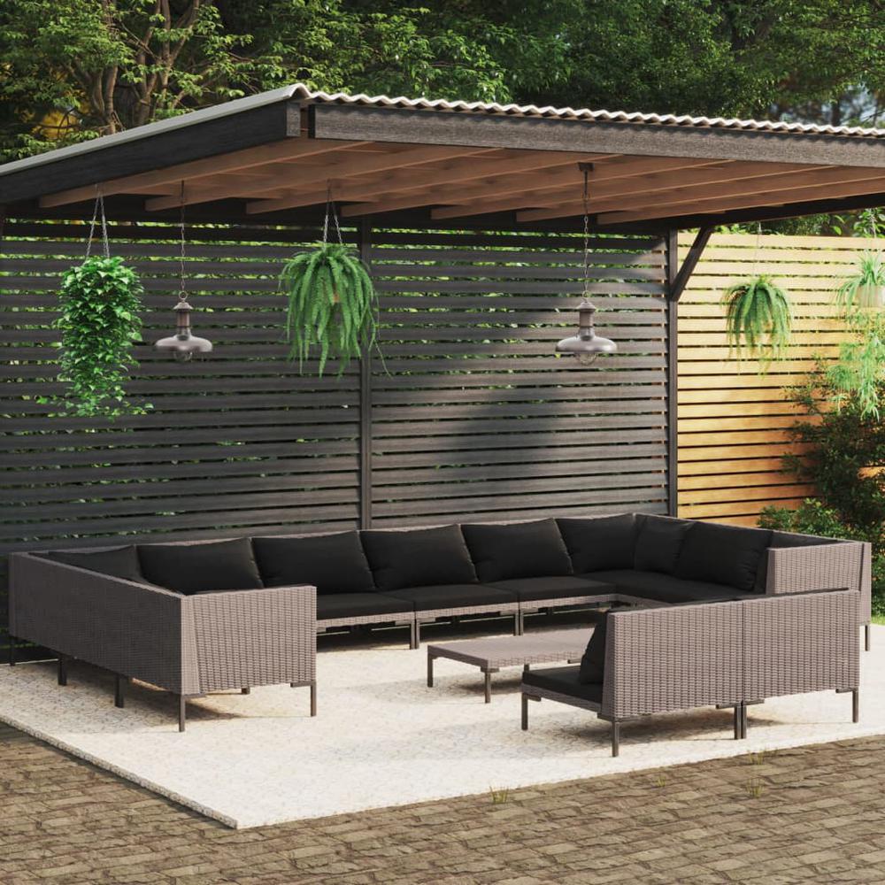 vidaXL 13 Piece Patio Lounge Set with Cushions Poly Rattan Dark Gray, 3099947. Picture 1