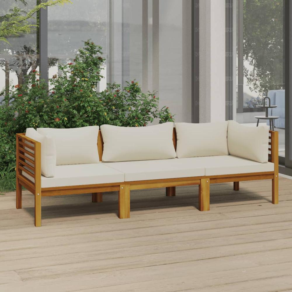 vidaXL 3-Seater Patio Sofa with Cream Cushion Solid Acacia Wood. Picture 1