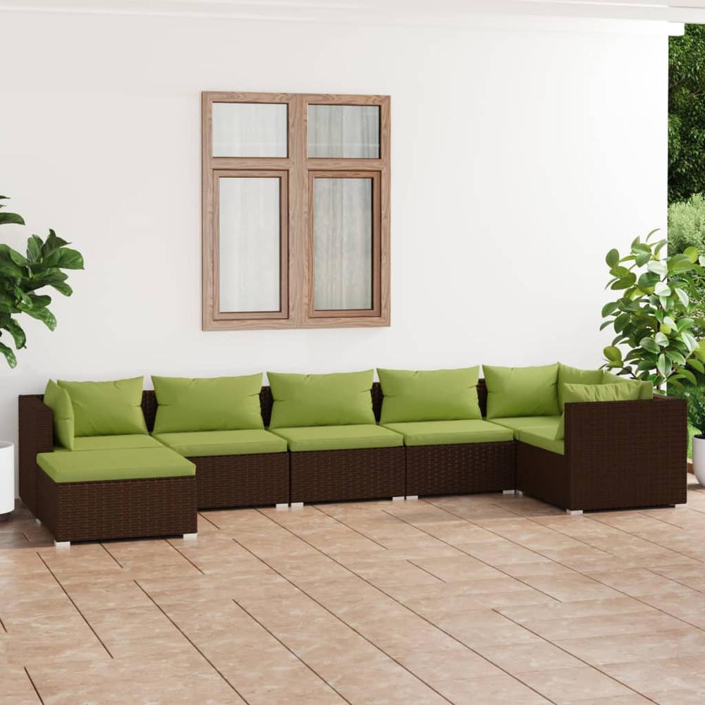 vidaXL 7 Piece Patio Lounge Set with Cushions Poly Rattan Brown, 3101828. Picture 1