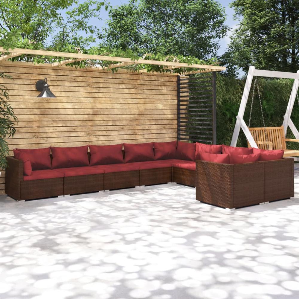 vidaXL 9 Piece Patio Lounge Set with Cushions Poly Rattan Brown, 3102763. Picture 1