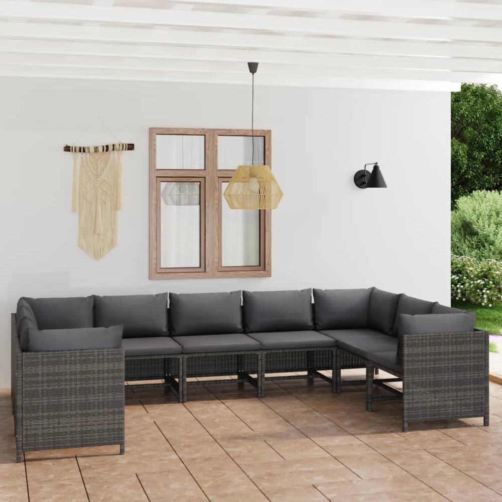 vidaXL 9 Piece Patio Lounge Set with Cushions Poly Rattan Gray, 3059767. The main picture.