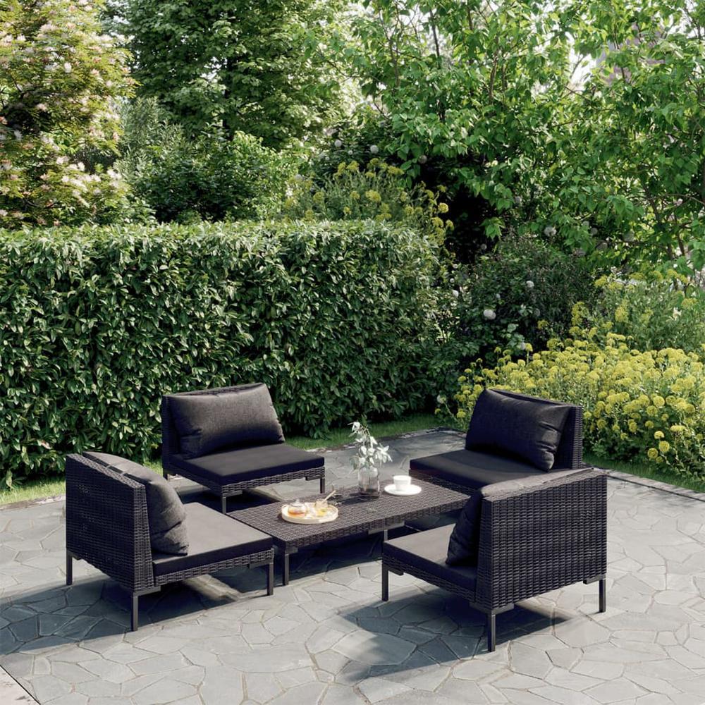 vidaXL 5 Piece Patio Lounge Set with Cushions Poly Rattan Dark Gray, 3099804. Picture 1