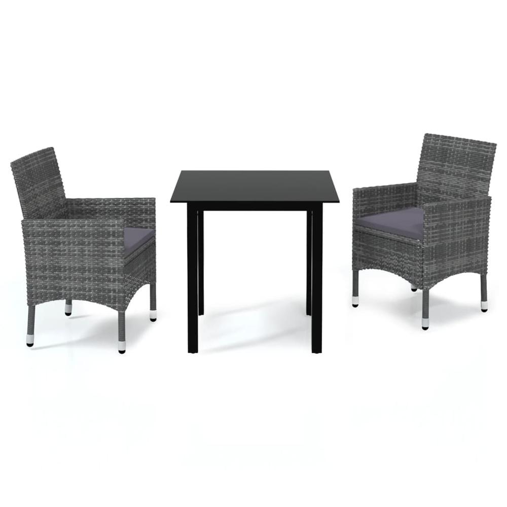 vidaXL 3 Piece Patio Dining Set with Cushions Poly Rattan Gray. Picture 2
