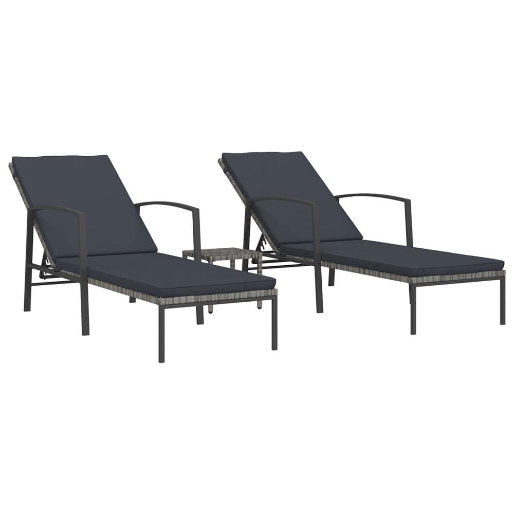 vidaXL Sun Loungers 2 pcs with Table Poly Rattan Gray. Picture 1