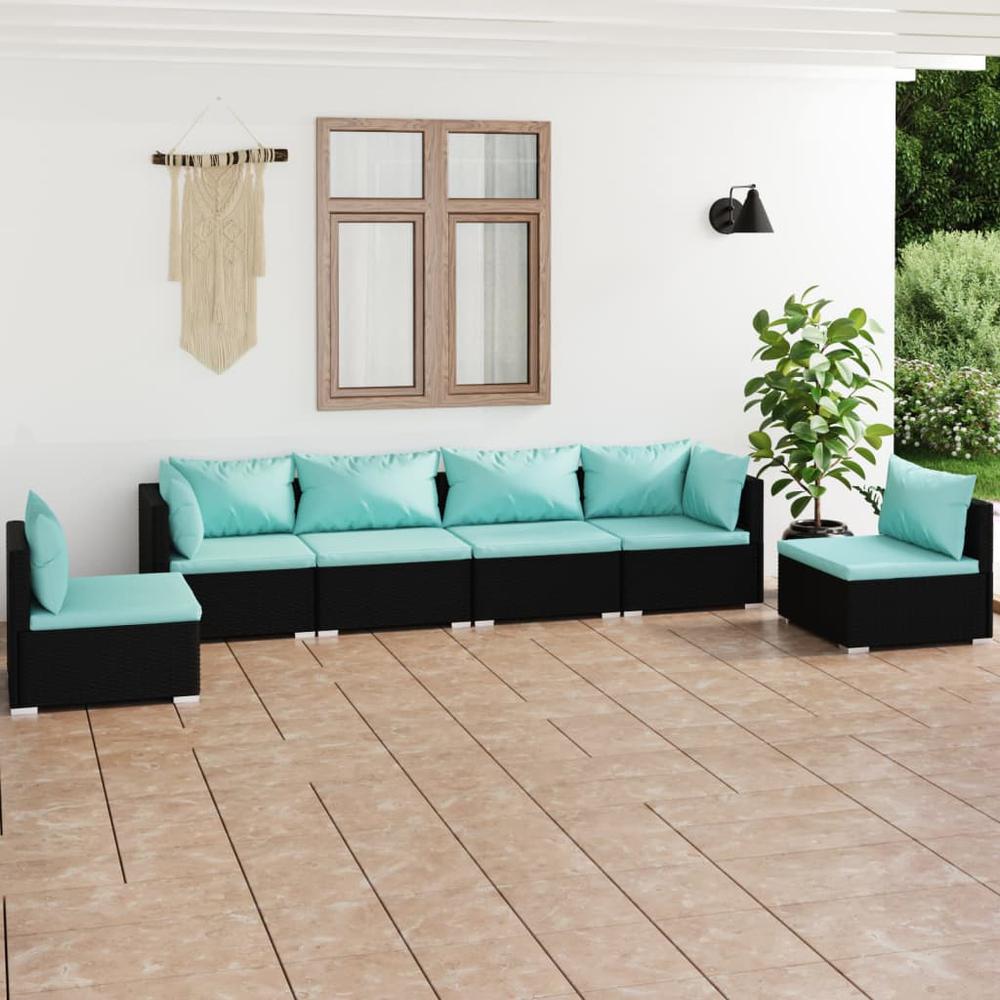 vidaXL 6 Piece Patio Lounge Set with Cushions Poly Rattan Black, 3102201. Picture 1