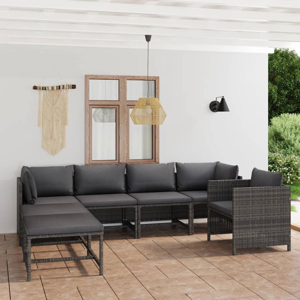 vidaXL 7 Piece Patio Lounge Set with Cushions Poly Rattan Gray, 3059758. Picture 1