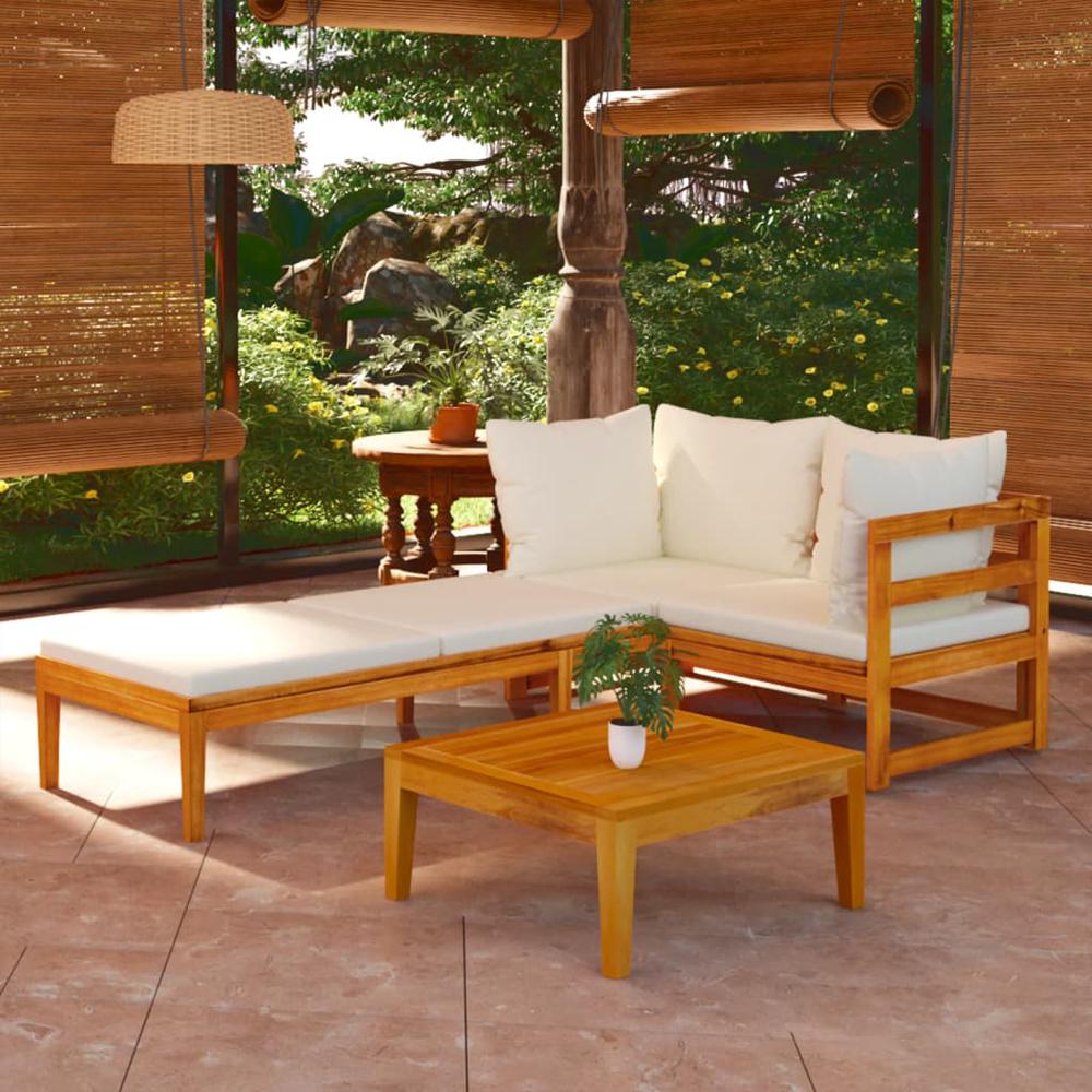 vidaXL 3 Piece Patio Lounge Set with Cream White Cushions Acacia Wood, 3087278. Picture 1