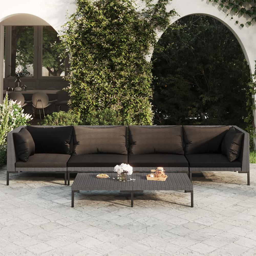 vidaXL 5 Piece Patio Lounge Set with Cushions Poly Rattan Dark Gray, 3099817. The main picture.