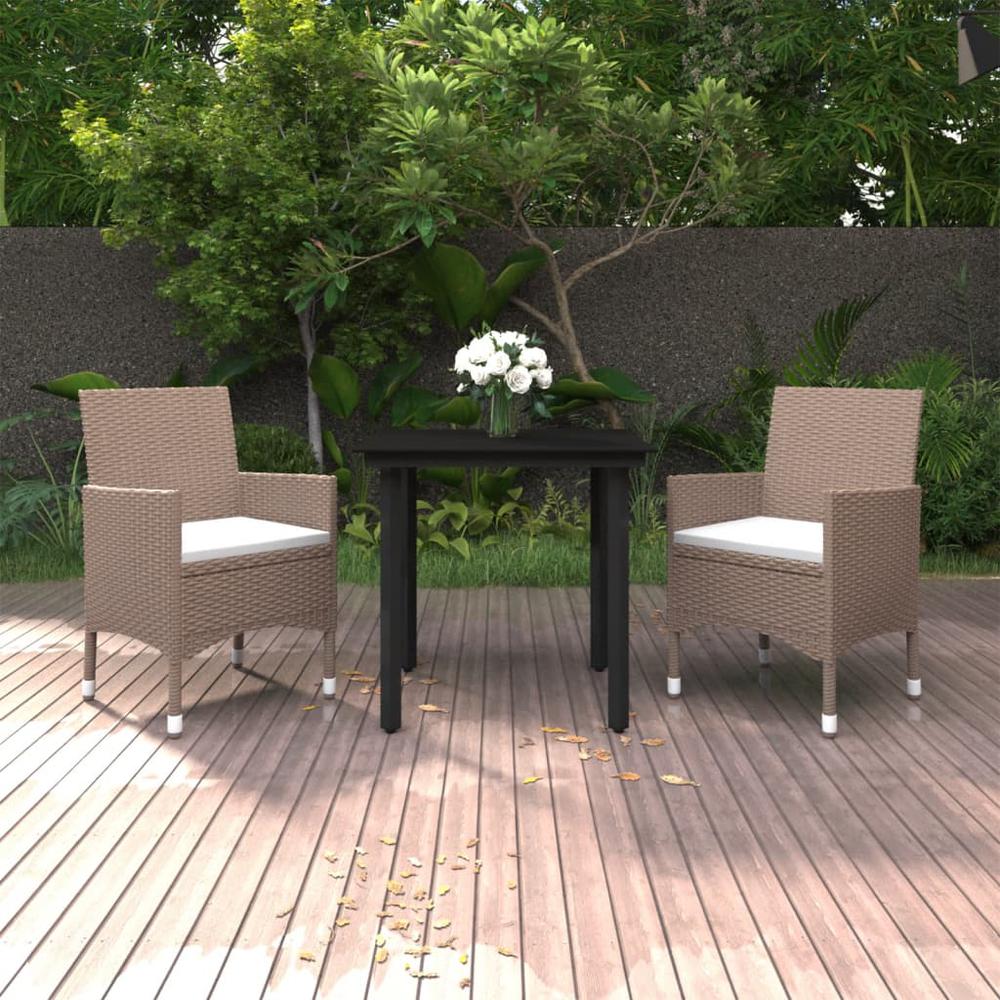 vidaXL 3 Piece Patio Dining Set with Cushions Poly Rattan and Glass, 3099703. Picture 1