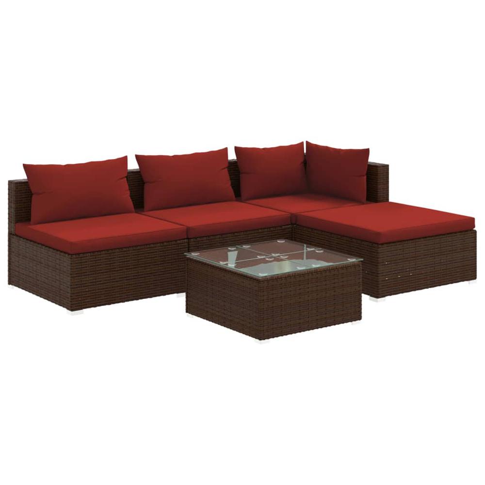 vidaXL 5 Piece Patio Lounge Set with Cushions Poly Rattan Brown, 3101619. Picture 2