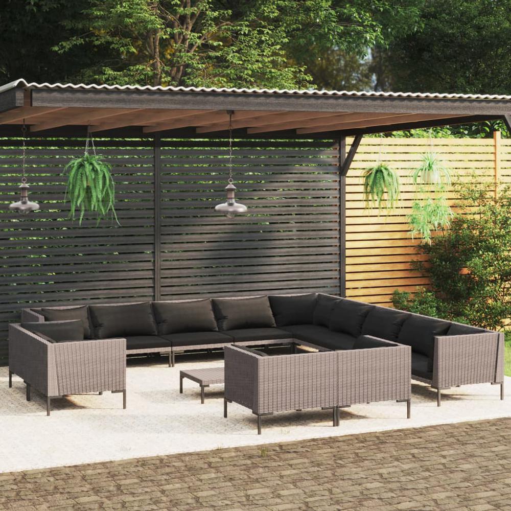 vidaXL 14 Piece Patio Lounge Set with Cushions Poly Rattan Dark Gray, 3099907. Picture 1