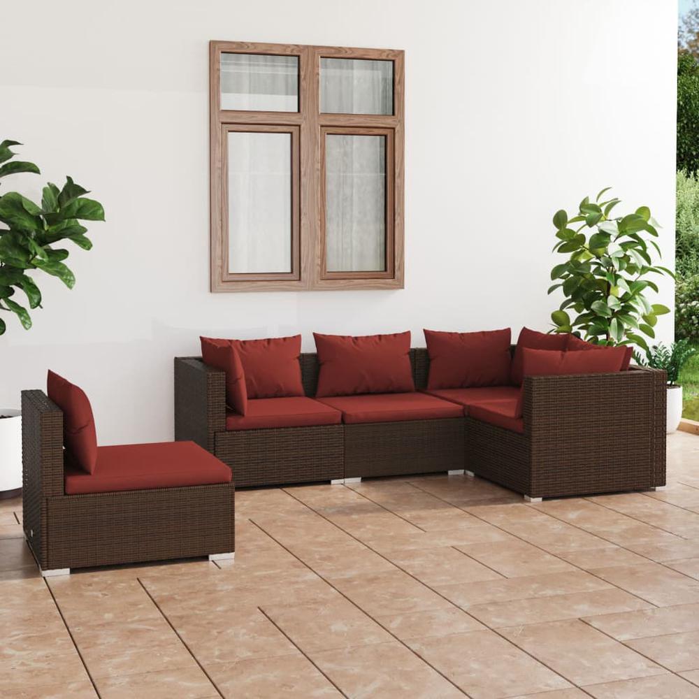 vidaXL 5 Piece Patio Lounge Set with Cushions Poly Rattan Brown, 3102315. Picture 1